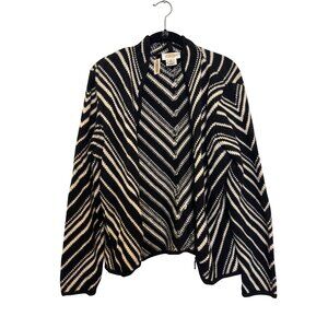 Talbots Chevron Wool Cardigan Sweater Women M Black Ivory Long Sleeve Open Front